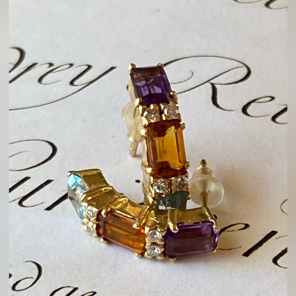 14k Multi Gemstone/Diamonds Earrings - Amethyst, … - image 1